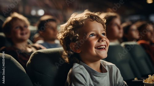 Little boy in a white shirt watching a movie for the first time in a movie theater, looking excited at the screen because he has discovered something new. © ND STOCK