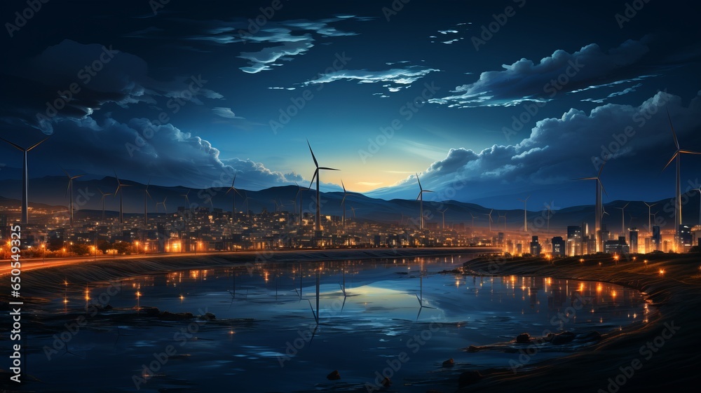 snowy landscape with wind turbines to generate clean energy for the nearby town snowy landscape with wind turbines to generate clean energy for the nearby town