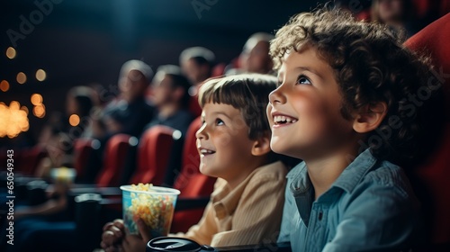 Little boy in a white shirt watching a movie for the first time in a movie theater, looking excited at the screen because he has discovered something new.