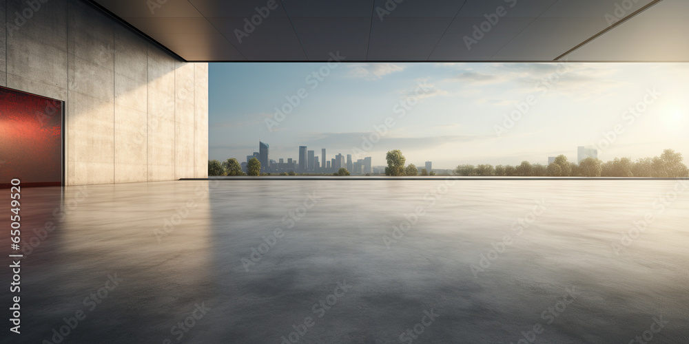 Concrete floor or slab, empty space or area in showroom, shop or store. Background design with blue sky and urban city for product display and concept of car sale, auto, automobile, automotive.
 - obrazy, fototapety, plakaty 