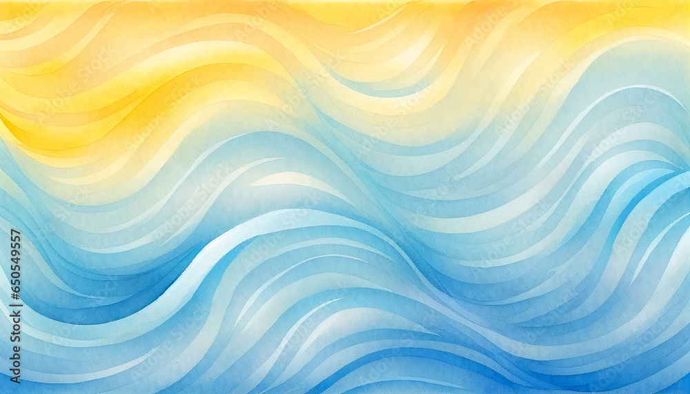 Ocean waves sand beach abstract cartoon. Blue and yellow wavy background, golden sandy texture backdrop for copy space text. Gold sun, teal waves summer seascape painting for swimming team banner - obrazy, fototapety, plakaty 