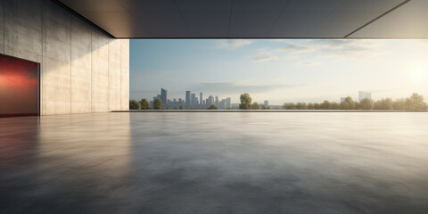 Concrete floor or slab, empty space or area in showroom, shop or store. Background design with blue sky and urban city for product display and concept of car sale, auto, automobile, automotive.
