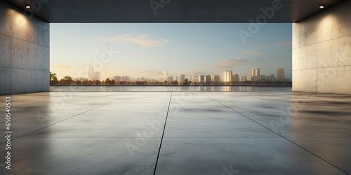 Concrete floor or slab, empty space or area in showroom, shop or store. Background design with blue sky and urban city for product display and concept of car sale, auto, automobile, automotive.
