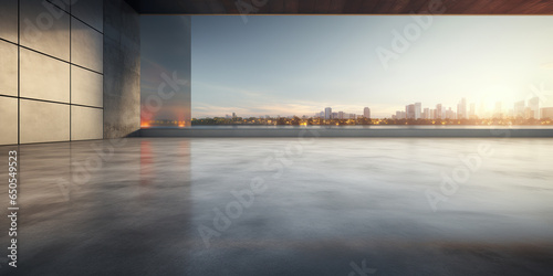 Concrete floor or slab, empty space or area in showroom, shop or store. Background design with blue sky and urban city for product display and concept of car sale, auto, automobile, automotive.

