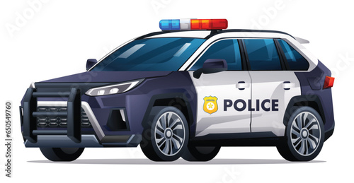 Police car vector illustration. Patrol official vehicle, suv car isolated on white background