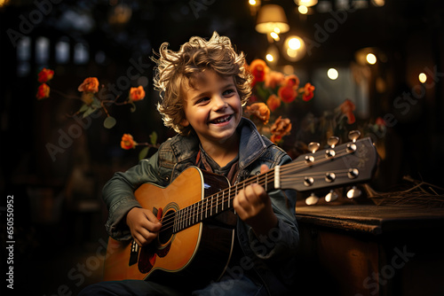 a young kid playing an guitar