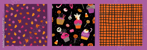 Halloween backgrounds. Vector seamless patterns with Halloween symbols.