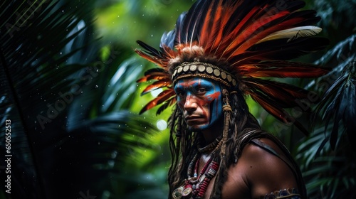 Portrait Photography of a Tribal warrior adorned with intricate paint and vibrant and colorful feathers in a jungle, Generative AI