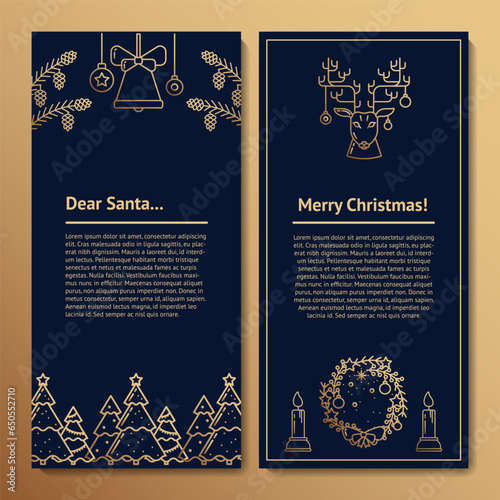Gold and Blue Christmas Template Note for Santa. Flyer with Copy space and illustrations of Mistletoe, Pinecone, Christmas Trees, Reindeer, Festive Wreath and Candles. For greeting and invitation