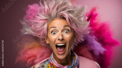 Humorous mid-aged woman with mussed hair scratching head in puzzlement after a fun explosion, amidst pastel studio background. Captivating, expressive and quirky.