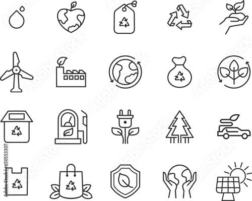 Green City Line Editable Icons set. Vector illustration in modern thin line style of eco related icons: CO2 neutral, zero waste, use bike, green energy, air and water quality. Isolated on white