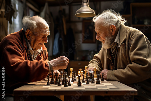 old mature friends playing chess