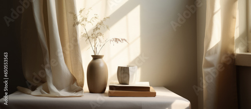 Home interior. Living room interior with books, ceramic vase with dried flowers and window. 