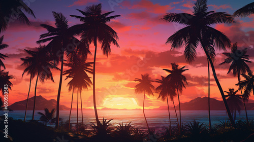 sunset over the ocean with silhouette palm trees 