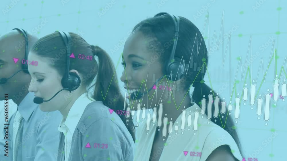 Animation of graphs, changing numbers, diverse customer service representatives talking to customers