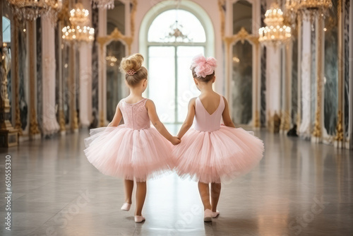 Cute ballerina girls in tutu dance practice in the room