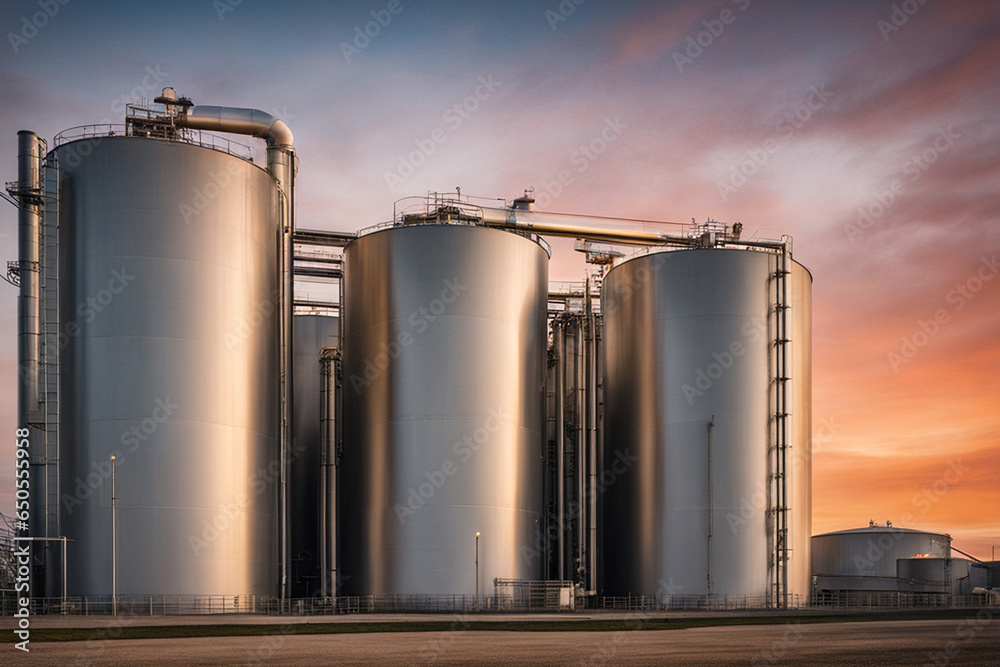 Große storage tanks und Silos die benutzt weden um rohes material aufzubewahren. Fässer stehen drausen mit Sonnenuntergang und schönem Himmel Große storage tanks und Silos die benutzt weden um rohes material aufzubewahren. Fässer stehen drausen mit Sonnenuntergang und schönem Himmel