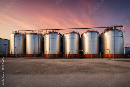 Große storage tanks und Silos die benutzt weden um rohes material aufzubewahren. Fässer stehen drausen mit Sonnenuntergang und schönem Himmel