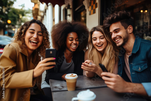 happy Multicultural group of friends using cellphones, social network addiction