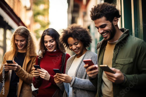 happy Multicultural group of friends using cellphones, social network addiction