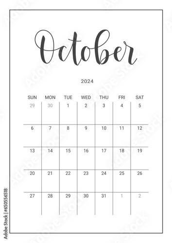 Vector Calendar Planner for October 2024. Handwritten lettering. Week Starts Sunday. Stationery Design for Printable. Objects Isolated on White Background.