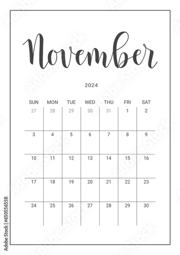 Vector Calendar Planner for November 2024. Handwritten lettering. Week Starts Sunday. Stationery Design for Printable. Objects Isolated on White Background.