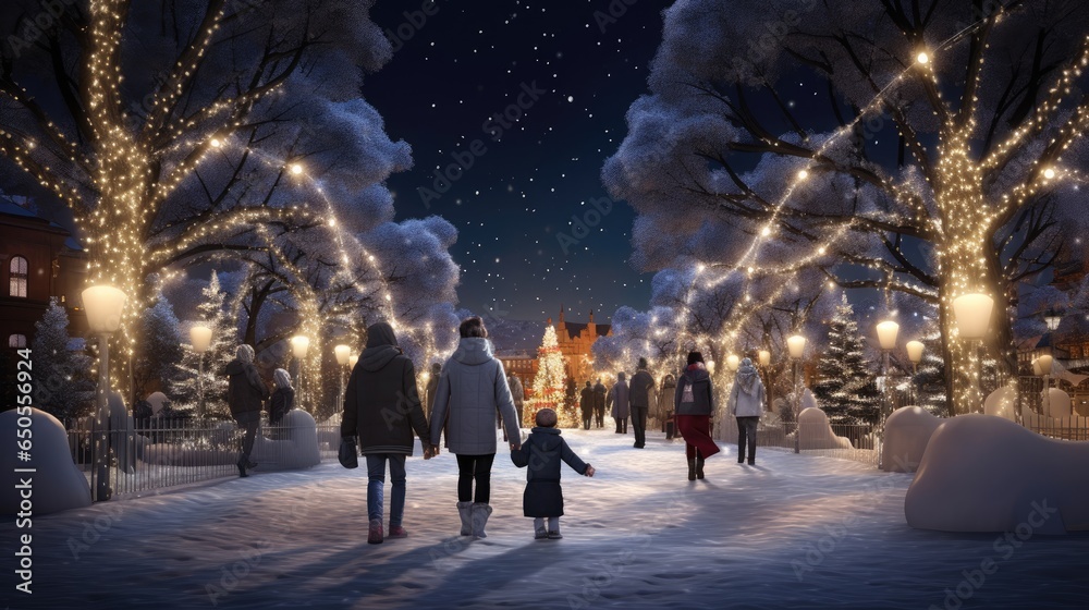 Family, parents and children in a beautiful winter garden with Christmas lights on the trees in the evening