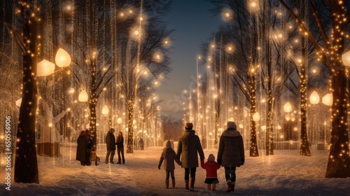 Family, parents and children in a beautiful winter garden with Christmas lights on the trees in the evening
