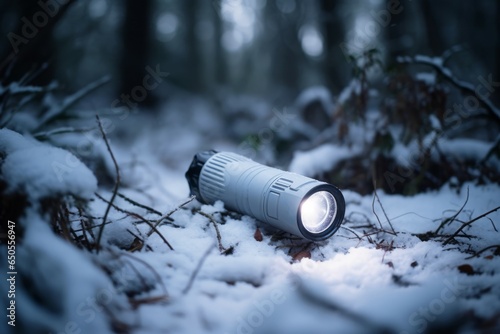 Flashlight equipment on snow forest. Generate Ai