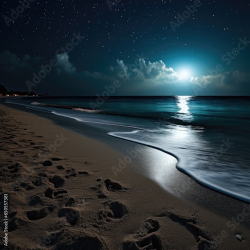 Beautiful night view, landscape with starry sky, sea and sand beach. Moonlight over the sea with palm trees on the beach at night.