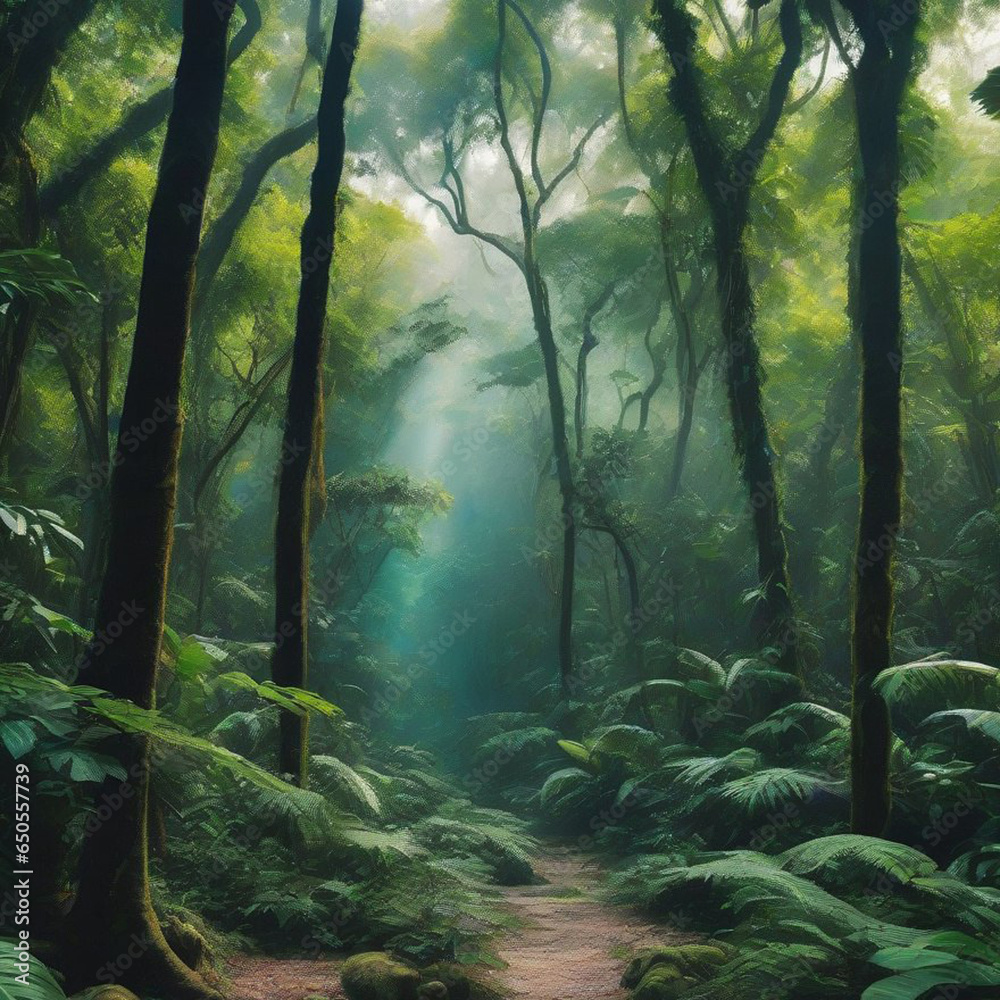 Obraz premium The deep jungle landscape captivates with its lush greenery, a symphony of vibrant flora and fauna, and an enigmatic, untouched wilderness.