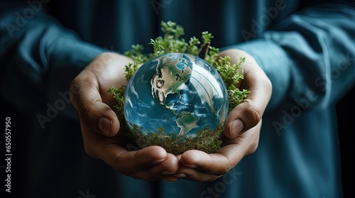 Hands Holding Earth Globe Glass with care - Environment Sustainability Concept 