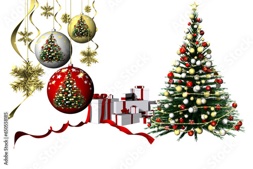 PNG, trasparente. Natale. Regali di Natale accanto a decorazioni natalizie. Albero e palle di Natale. photo