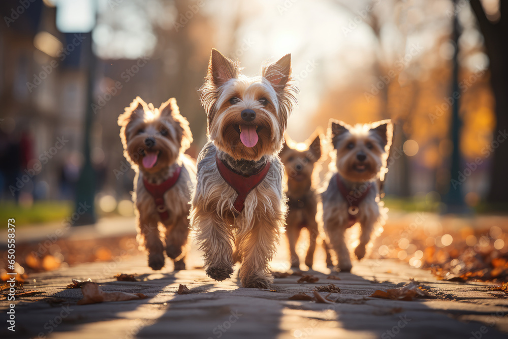 Yorkshire terrier dogs walking in park at autumn Yorkshire terrier dogs walking in park at autumn