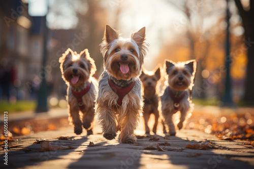 Yorkshire terrier dogs walking in park at autumn © Алина Бузунова
