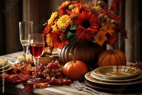 Autumn-themed Thanksgiving table adorned with fall decorations. Generative AI