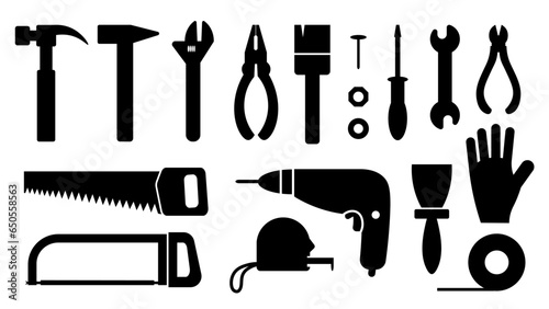 Home Repair Tools Icons. Set of instruments for repairman, building, construction and maintenance. Black silhouette vector illustration.