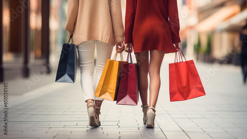 Woman holding many paper bags walking in shopping center. Shopping concept