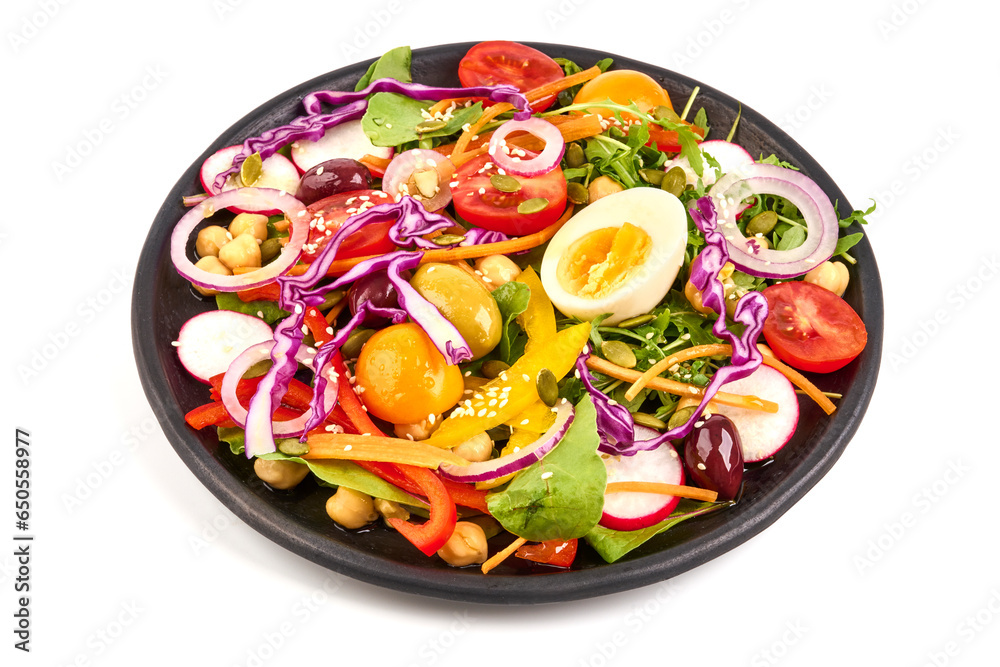 Healthy green vegetarian salad with eggs, arugula salad and fresh vegetables isolated on white background.