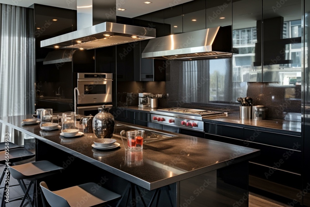 Sleek kitchen with metallic appliances and dark counters. Generative AI