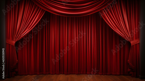 Stage backdrop and red curtains in theatre background with space for copy.