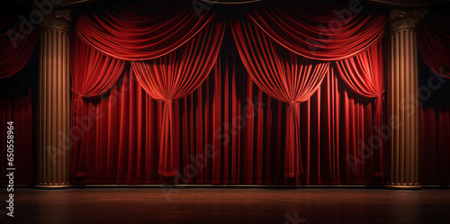 Stage backdrop and red curtains in theatre background with space for copy.