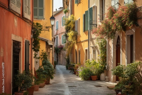 A charming street in Antibe's old town center, on the French Riviera's Mediterranean shore. Generative AI