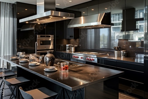 Sleek kitchen with metallic appliances and dark counters. Generative AI