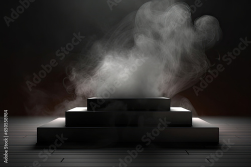 3d podium with smoke and dark color for product display with copy space