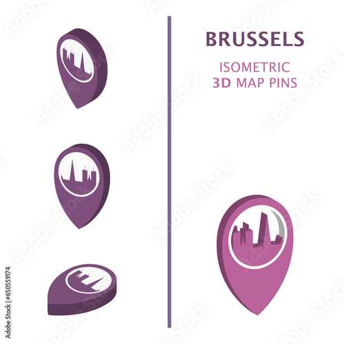 Belgium Brussels 3D vector logo set. Isometric map pin, geolocation pointer, modern skyline icon, concept, isolated graphic