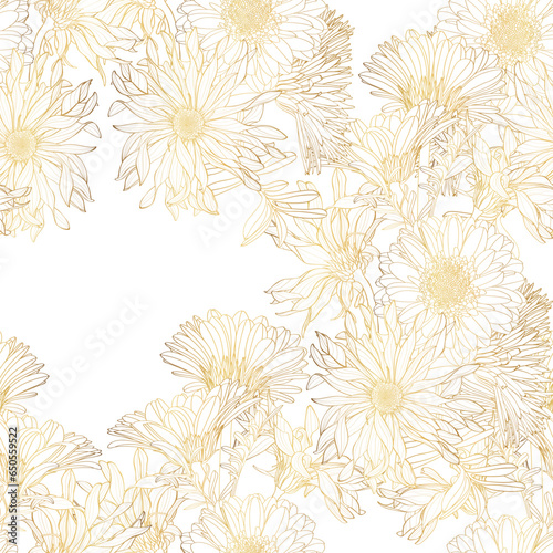 Beautiful backdrop with blooming gerbera chamomile flowers, hand drawn with golden contour lines on white background. Gorgeous floral decoration. Botanical illustration.
