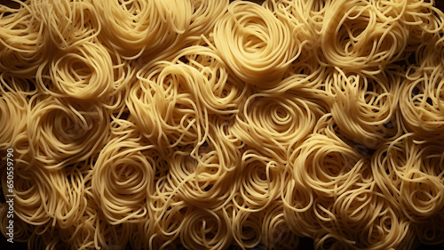 Top view photo of raw yellow pasta noodles. Food background concept