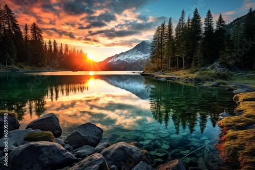 Stunning sunrise by hintersee lake, with trees and turquoise water. Generative AI © Elara