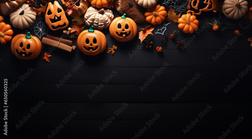 Top view of Halloween treats pumpkins cookies and candies background on a dark dining table with copy space. Halloween background concept